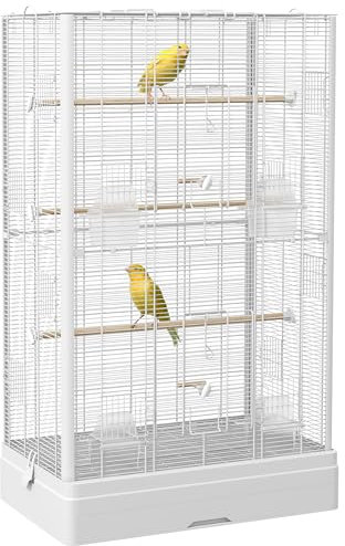 PawHut Vogelkäfig, Voliere mit Türen, Sitzstangen – Käfig für Kanarienvögel, Wellensittiche, Papageien, 61 x 36,5 x 98 cm, Weiß