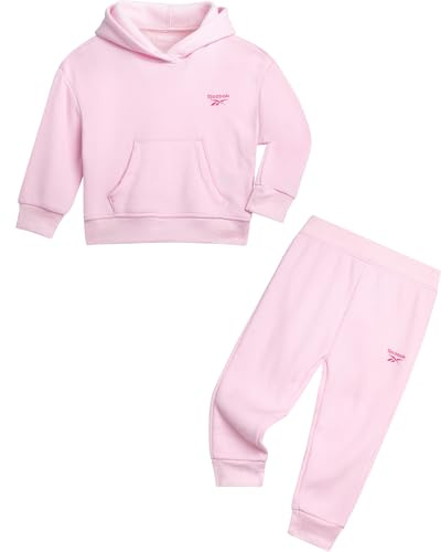 Reebok Conjunto de sudadera para niñas pequeñas, sudadera con capucha de forro polar de rendimiento de 2 piezas y pantalones deportivos para niñas | Conjunto de sudadera con capucha y forro polar para niñas, 2 piezas, bolsillo canguro, ideal para jugar o uso diario