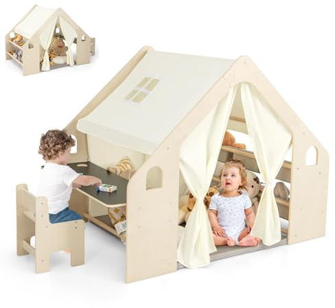 HOMASIS 6 in 1 Tenda per Bambini da Interno, Tenda Gioco con Tavolo e Sedia per Bambini, Casa da Gioco con Tappetino, Lavagna, Scatola Portagiochi (6 Scatole)