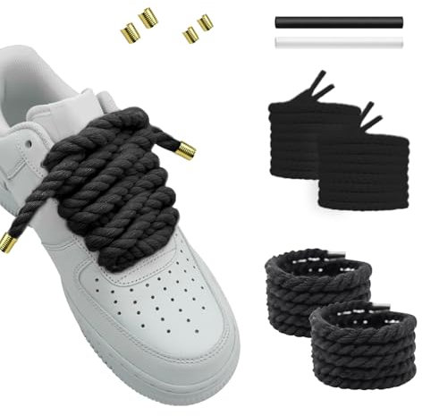 Hugwish 2 Par Cordones Zapatillas Gruesos Para Air Force 1, Rope Laces, Cordones Gordos (8mm,140cm), Cordones Cuerda Chunky Retorcidos Algodon Anchos Redondos Para Cordones de Bricolaje (Negro)