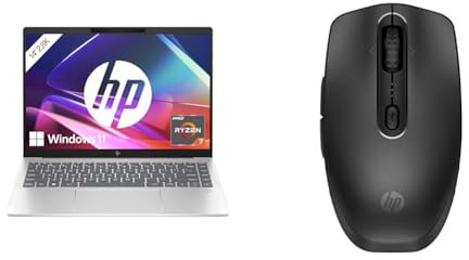 HP Pavilion Plus Laptop, 14 3K OLED Display, 120 Hz, AMD Ryzen 7 7840U, 16 GB LPDDR5x RAM, 1 TB SSD, AMD Radeon 780M, Windows 11, QWERTZ, Silber 690 Wiederaufladbare Wireless-Maus, Schwarz