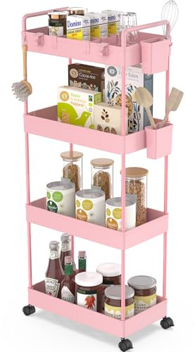Ronlap Rollwagen Küchewagen mit 4 Ebenen, Servierwagen mit Aufhängebecher, Separator, Haken, Regal auf Rollen für Küche, Schlafzimmer, Büro, Rosa