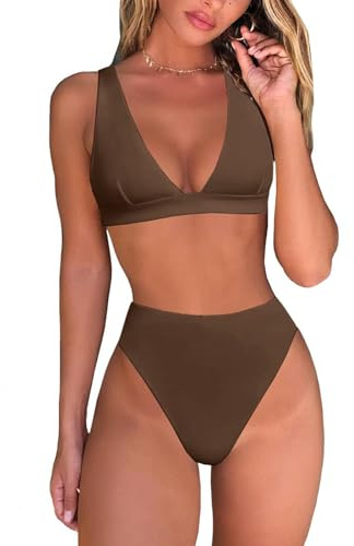 Generisch 2025 - Conjunto de bikini tanga de cintura alta para mujer, parte superior sexy de triángulo brasileño, cuello en V profundo, traje de baño de dos piezas, trajes de baño sin vientre tops