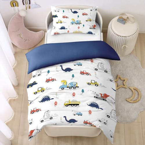CINYE Dinosaur Boys Cot Bed Duvet Cover For Kids 120×150 cm Colorful Toddler Bedding Set With Zip Fastening Comes With 40x60 cm Pillowcase 3D Cars Quilt Cover