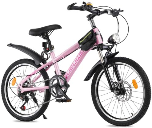 Bueuwe 20 24 Inch Kids Mountain Bike, Children Bicycles for Boys and Girls Ages 6-12, 7 Speed Teenager Bikes with Disc Brakes, Adjustable Handlebars and Seat, Kickstand (Pink, 20 Inch)