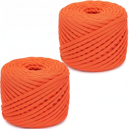 2×285g Pack T Shirt Yarn, Crochet Yarn Chunky Yarn for Hand Knitting, Fabric Strip Wool Yarn for Bags, Baskets, Blankets and DIY Home Decor, 285g Each Roll Chunky Wool (Orange)