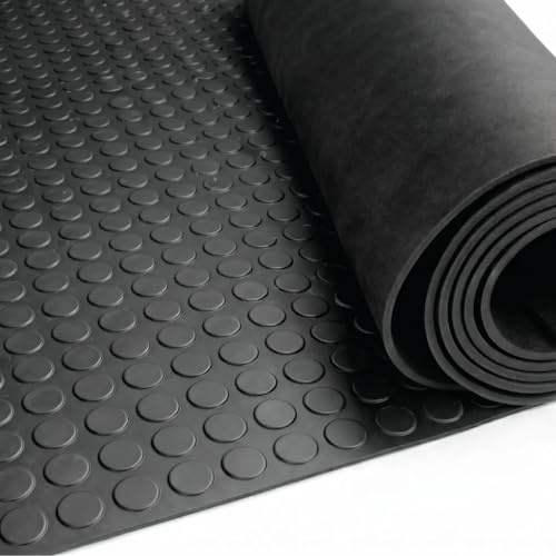 Suelo Goma Botones Negro LESTARE | Pavimento Caucho Círculos Antideslizante en Rollo 5 m, Espesor 3 mm, Revestimiento para Garaje Taller Furgoneta Comercio (1,2x5 Metros)