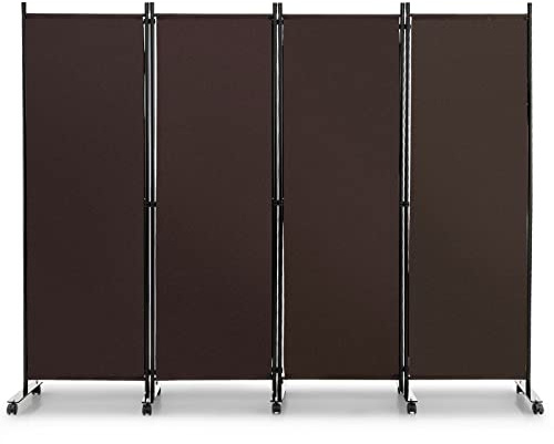 COSTWAY Biombo Separador de Ambientes de 4 Panel con Ruedas Bloqueables, Pared de Separador, Separador de Privacidad Independiente para Sala de Estar, Dormitorio (225x173cm, Marrón)