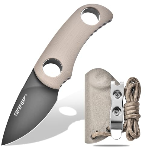 TONIFE Runer Couteau de cou fixe avec fourreau et lanière,4,7cm lame Full Tang Edc Couteau de cou pour l'extérieur (Sable Chaud+Gary Titane)