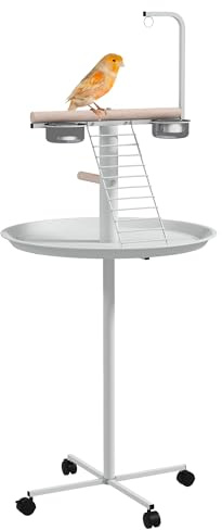 PawHut Bird Table, Bird Feeding Station with Wheels, Perches, Stainless Steel Feed Bowls, Round Tray for Indoor - White