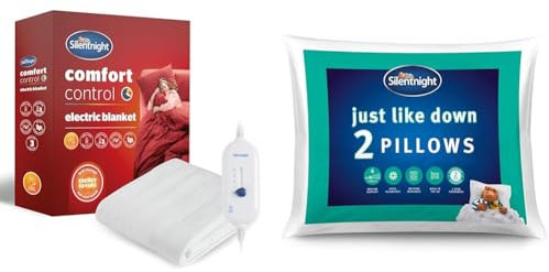 Silentnight Comfort Control Electric Blanket - Heated Underblanket with 3 Heat Settings & Just Like Down Pillow - Hotel Bed Sleep Pillows Cuddle Support Pillow Pair