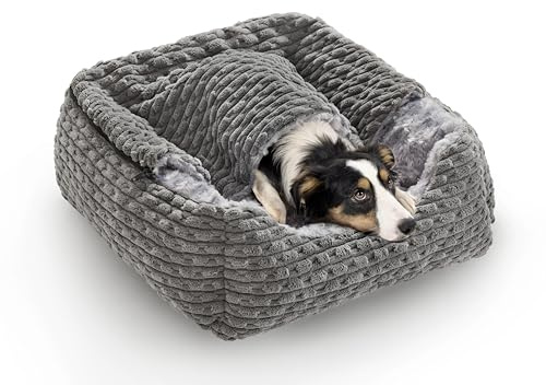 Heymamba Dog Cave Bed Machine Washable, Dog Bed Medium Fill with Fiber Cotton to Support Neck&Head, Zipper Disassembly Hooded Bed fit 14-18kg Medium French Bulldog, 66x55x21cm