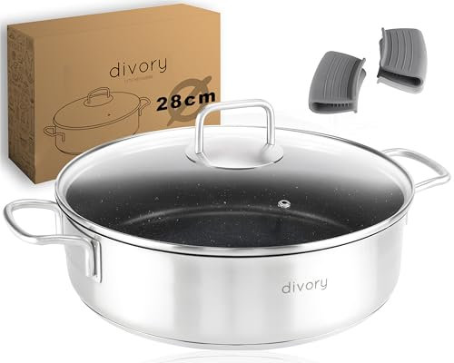 DIVORY Stainless Steel braising pan 28cm ULTIME Induction, Serving pan with lid 4.6l - Coated Cooking Pot ovenproof, Casserole with high Rim + Protector, Dishwasher-Safe