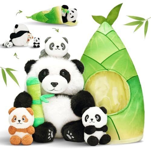 OUOZZZ 5 Stück Panda Kuscheltier und Bambus-Tasche, 25cm Weich Panda Plüschtier mit 3 Baby im Bauch - Baby Geburtstagsgeschenk für Kinder