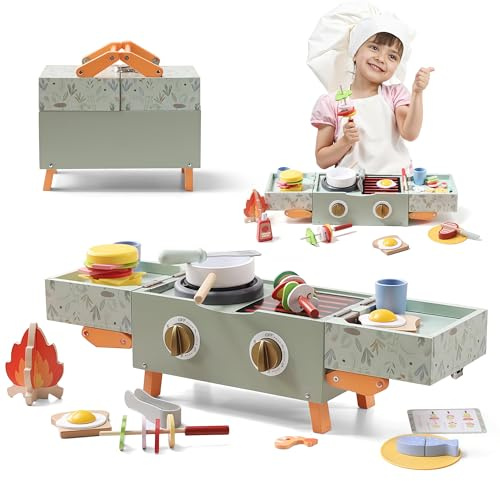 Wooden Kids Grill Playset with Play Kitchen Accessories| Pretend Play Toys for Toddlers 3-5, Cooking BBQ Play Food Toy for 3+ Year Old Boys & Girls, Birthday Gifts for Kids