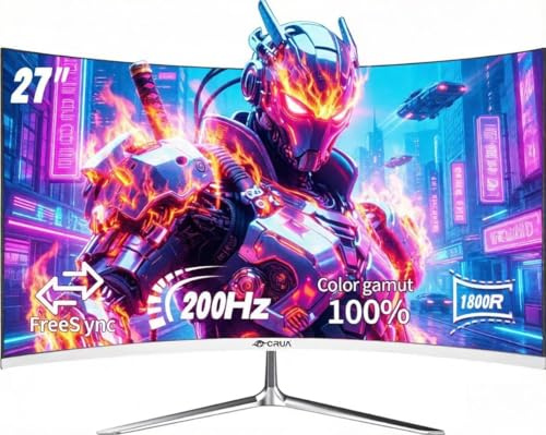 CRUA 27 Inch 180Hz/200Hz Curved Gaming Monitor, FHD 1920 * 1080P Frameless 1800R Computer Monitor, 1ms GTG with FreeSync, Low Motion Blur, Eye Care, VESA100*100, DisplayPort, HDMI, white