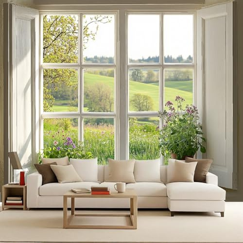 Papel Tapiz Fotográfico 350x256 cm Ventana Paisaje Flores Bosque Río 3D Murales Tejido No Tejido Mate‌ Póster Moderna Fotomurales Para Cuarto de Niño Salón Dormitorio Oficina Decoración de Pared