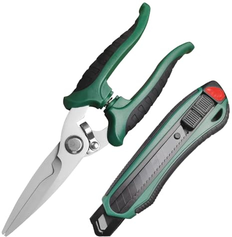 Scissors Heavy Duty, Sharp Tin Snips for Sheet Metal, Industrial Scissors, Serrated Blade, Ergonomic Handle, Easy Cutting Electrical Cable Notch, Leather, Cardboard, Fabric (7.8-In Straight Blades)