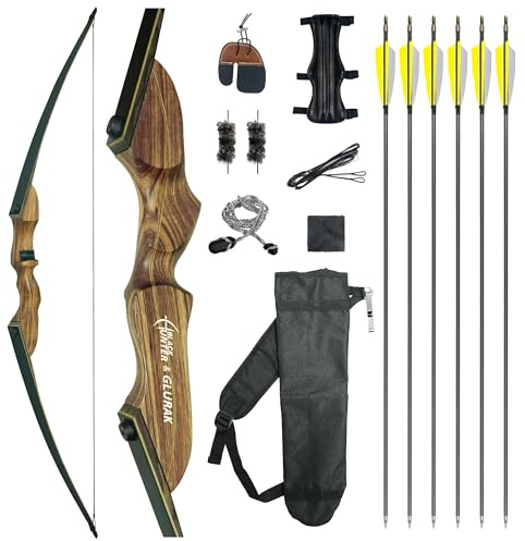 Black Hunter Longbow and Arrow Set, GLURAK 62'' Traditional Wooden Takedown Longbows Package, Archery Bow Kit for Target Practice and Hunting, Right Hand, 25-55 Lbs