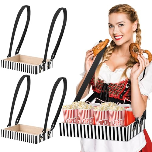 Tiangrid 2 Pcs Wooden Snack Tray with Strap Movie, Black and White Stripes
