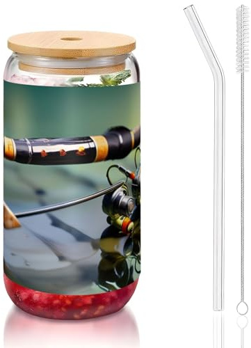 GaxfjRu Caña de pescar con tapas de vidrio de 16 onzas y popote de vidrio, vasos de vidrio más anchos para batidos, té, cola, refrescos