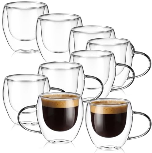 Yiyiring 8 Pack Espresso Cups Double Wall 5oz Hand Blown Glass Coffee Mugs Clear Insulated Glass Coffee Shots Cups with Handle for Espresso Machine, Cappuccino, Latte, Tea