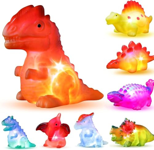 Set da 8 Giocattoli da Bagno Dinosauro Luminosi Senza Fori, con Luci Lampeggianti che Cambiano Colore in Acqua, Giocattoli Galleggianti per Vasca da Bagno/Piscina Dinosauro per Neonati, Bambini Piccol