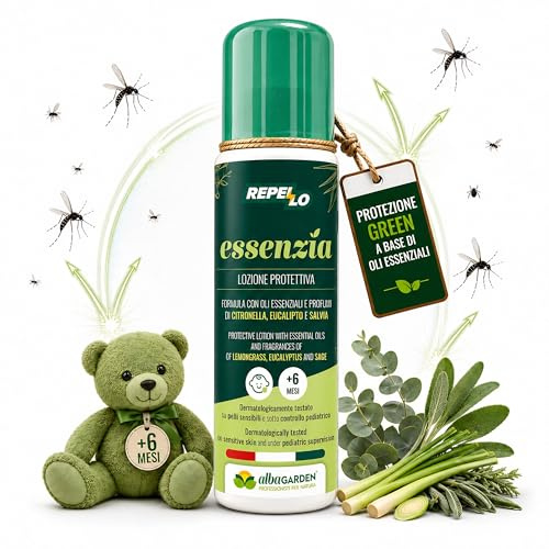 Albagarden – Lozione Antizanzare a Base di Oli Essenziali | Citronella, Eucalipto, Salvia, Mentolo e Sodio Jaluronato – Pelle Fresca e Non Unge, Ideale per Pelli Sensibili e Bambini da 6 Mesi in Su