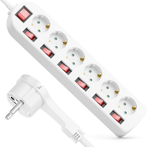 deleyCON 6-Fack Grenuttag med Plattkontakt - PÅ/AV Strömbrytare - Individuellt Styrbar - 1,4m Kabel - Grenuttag Strömkabel Fördelare Förlängning Strömlist Hushåll Kontor 3680W - Vit
