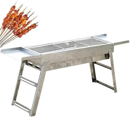 Vikbar kolgrill i rostfritt stål, bärbar grilltunna med sidohylla och design som är lätt att rengöra, för camping, strand, trädgård och familjesammankomster