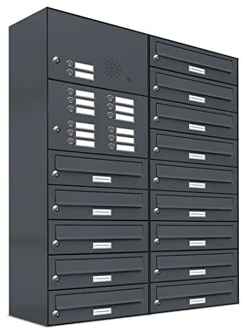 AL Briefkastensysteme 14er Briefkastenanlage mit Klingel Anthrazit Grau RAL 7016, Premium Briefkasten DIN A4, 14 Fach Postkasten modern Aufputz