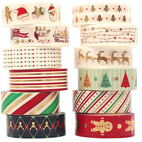 Vidillo Washi Tape Noël Washi Masking Tape Adhésif Ruban adhésif décoratifs Papier Tape pour journal Scrapbooking Artisanat de bricolage Fournitures de fête de bureau emballage de cadeaux (12)
