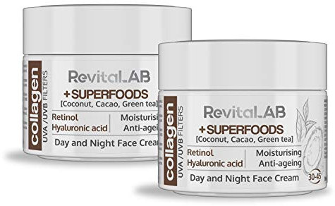 RevitaLAB Day and Night Collagen Anti-Aging Moisturiser Enriched with Hyaluronic Acid, Superfoods, Vitamins and a UVA/UVB Filter for Ages 30 – 45, 50 ml (multipack)