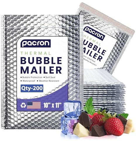 Pacron 200-Pack Insulated Silver Thermal Bubble Mailers 10 x 11 - Waterproof Metallic Foil Self-Sealing Padded Envelopes for Cold Shipping, Perishables, Food, Cosmetics, Pharmaceuticals