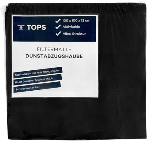 Tops Filtermatte 100cm x 100 cm | Abzugshaube filter aus Aktivkohle | Filter für Dunstabzugshaube zuschneidbar | Filtermatten für effektive Geruchs- und Fettfilterung in Küche