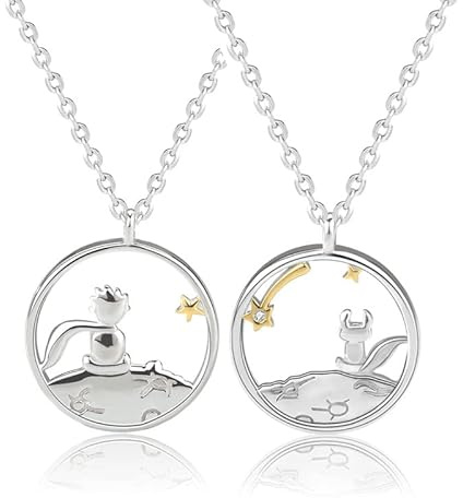 MEET- ORIGIN Halskette aus 925er Sterlingsilber mit kleinem Prinz und Fuchs und Rose, gestapelte Schlüsselbein-Kette, modische Persönlichkeits-Halskette für Männer, Frauen, Paarschmuck, Sterling