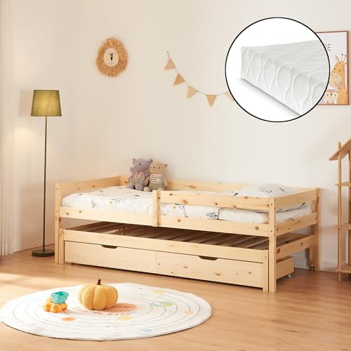 [en.casa] Doppel-Kinderbett Sonkajärvi Kleinkindbett mit Matratze mit Schubladen und Ausziehbett Bettgestell aus Kiefernholz mit Zustellbett 90x200cm Natur