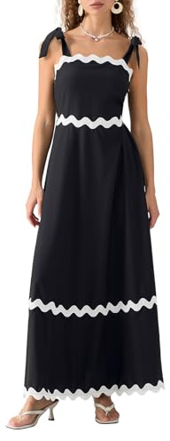 Vestido largo de verano para mujer, con lazo en los hombros, sin mangas, ribete ondulado, acampanado, vestido de playa, Negro, S