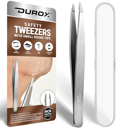DUROX Round Tip Tweezers for Women Facial Hair, Blunt Tip Tweezers for Chin Hair & Eyebrow Removal, Precision Rounded Tweezers for Hair Removal, Stainless Steel, Round Tweezers for Eyebrows