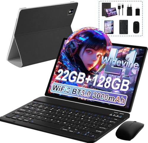 JUEDUR 10 Zoll Android Tablet, 22GB RAM+128GB ROM (1TB TF), Widevine L1, 8000mAh, Octa-Core, 2.0Ghz, 5G WiFi, 8MP+5MP, BT 5.0, Tablet mit Tastatur und Maus - Schwarz