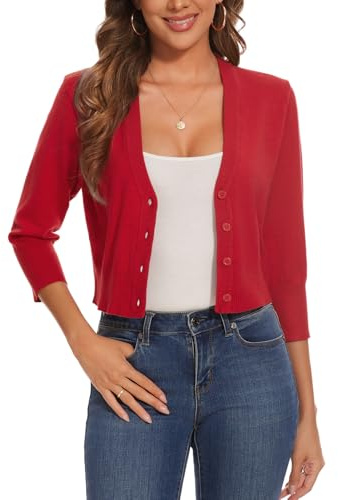 LADI TREND Womens Cardigans Buttons Down Bolero Shrug 3/4 Sleeve Cropped Knit Sweater with Four Buttons Vintage Dress Cover Up