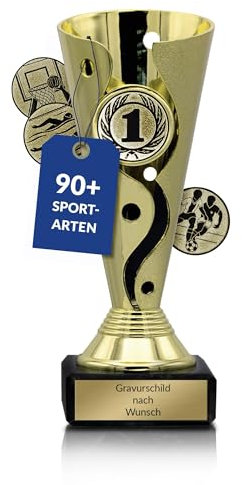 Pokal-Fabrik.de - Pokal mit Gravur Wunschtext in Gold - personalisierte Trophäe mit Sport Emblem nach Wahl - 15,5 cm inkl. Marmorsockel - Geschenk-Trophäe | Pokal Kinder