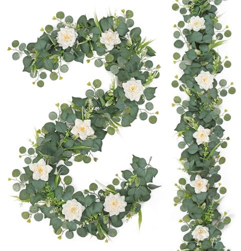 ASTNIC 2Pcs 12.4ft Artificial Eucalyptus Flower Garland, Hanging Faux Vine With White Floral, Fake Green Leaves Artificial Foliage Garland for Outdoors Decor Wedding Backdrop Table Arch Wall Decor