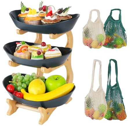 HAOTIAN-X Cesta de frutas de bambú de 3 niveles con 4 bolsas de cuerda, frutero de cerámica con bolsas de malla reutilizables para frutas, soporte de frutas con estructura natural para cocina, fiesta