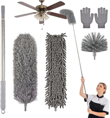 Microfiber Feather Duster 5-in-1 Kit with Extension Pole, Washable Cleaning Duster Set with 3 Duster Heads, Cobweb Duster, Corner Brush, 100'' Extendable Long Duster for High Ceilings, Fans, Furniture
