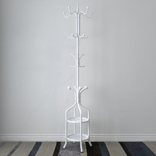 Metallklädhängare Med 12 Krokar Och Paraplyställ Platsbesparande Hallmöbel Fristående Metallklädhängare Med Hyllor För Hattar, Kläder Och Handväskor(White)