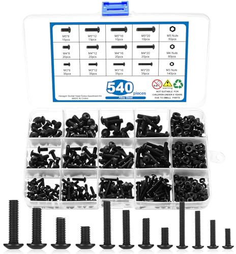 540 Pcs M3/M4/M5 Nuts and Bolts Assortment, Black Round Head Hex Socket Cap Screws Kit for DIY & Repair