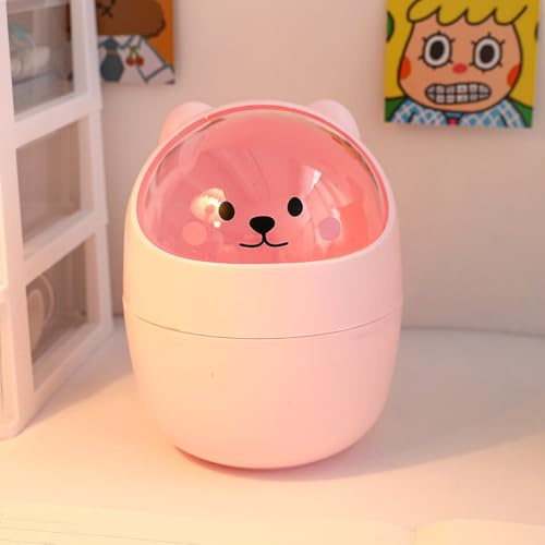 Cute Mini Trash Can with Lid – Portable Desktop Paper Basket with Stickers & 1 Roll Garbage Bag, Cartoon Storage Box for Office, Bedroom, Desk, Car & Kitchen (Pink)