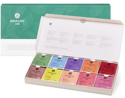 OSULLOC Premium Tea Collection (40 count, 10 flavors x 4 ea), Mothers Day Gifts, Self Care Sampler Gift Box Variety Pack, Premium Organic Pure & Blended Tea from Jeju