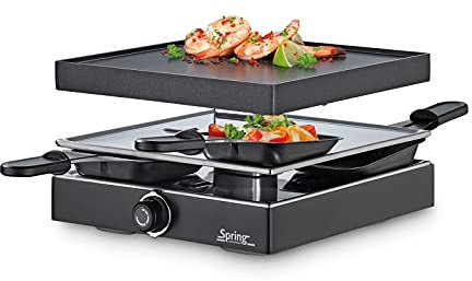 Spring CLASSIC Raclette 4 Personen Schwarz, Tischgrill elektrisch, Antihaftbeschichtete Alu-Grillplatte, 4 Pfännchen & Raclette Schaber, Abstellebene, 22,5×21,5×13,5cm, Raclette Grill